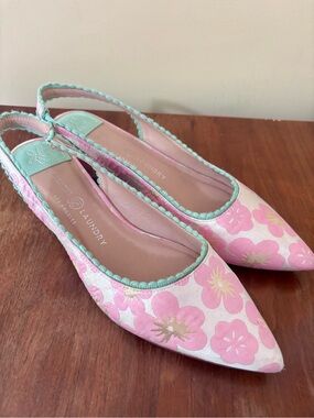 Chinese Laundry| Pink & Mint Floral Satin Pointed Slingback 1.5” Block Heels 8.5